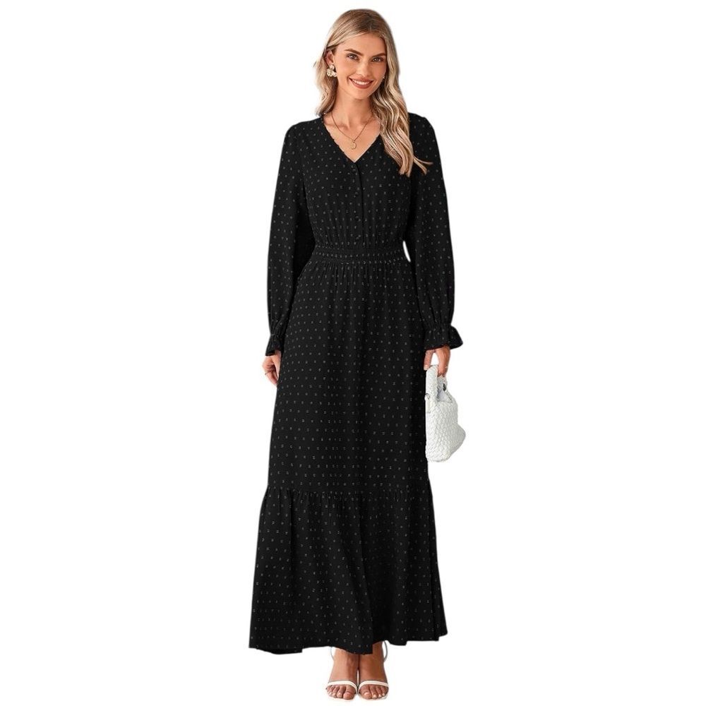 PrettyGarden Black Long Sleeve Neck Button Smocked Swiss Dot Flowy Maxi Dress